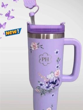 Princess House Lavender Floral Insulated Travel Mug with Handle